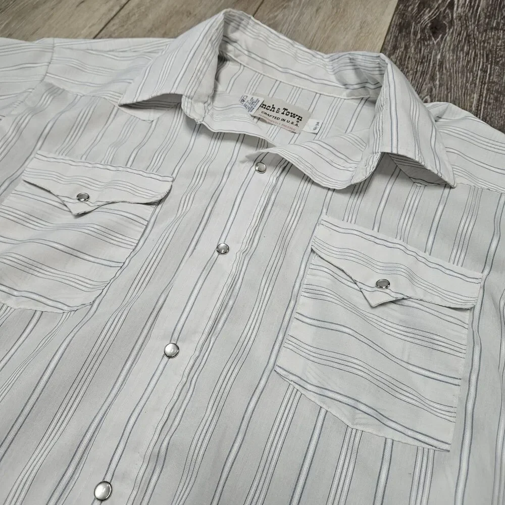 Ranch And Town Vintage USA Striped White Pearl Snap Western Shirt Men's Large